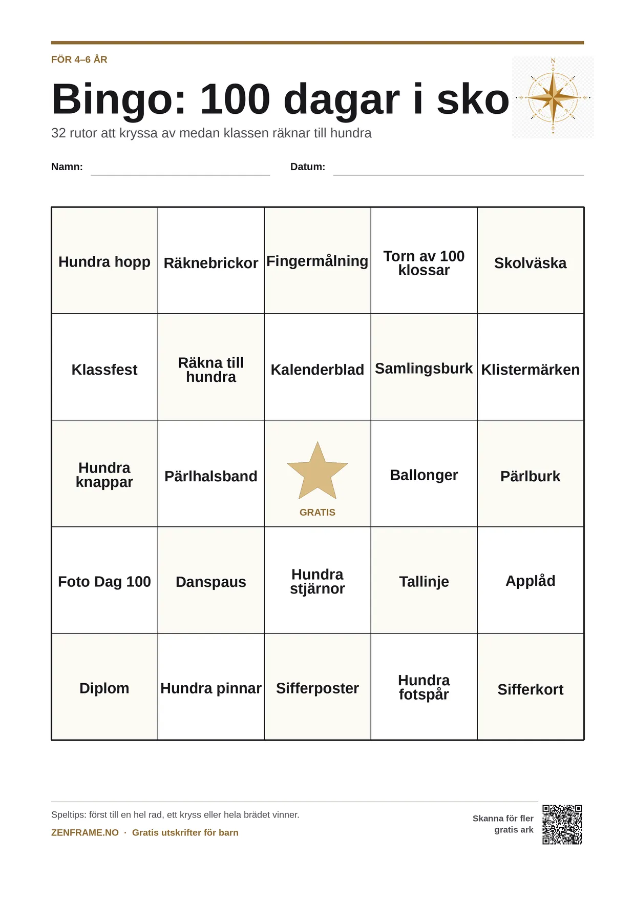 Bingo: 100 dagar i skolan för barn 4–6 år – gratis utskrivbart A4-bräde
