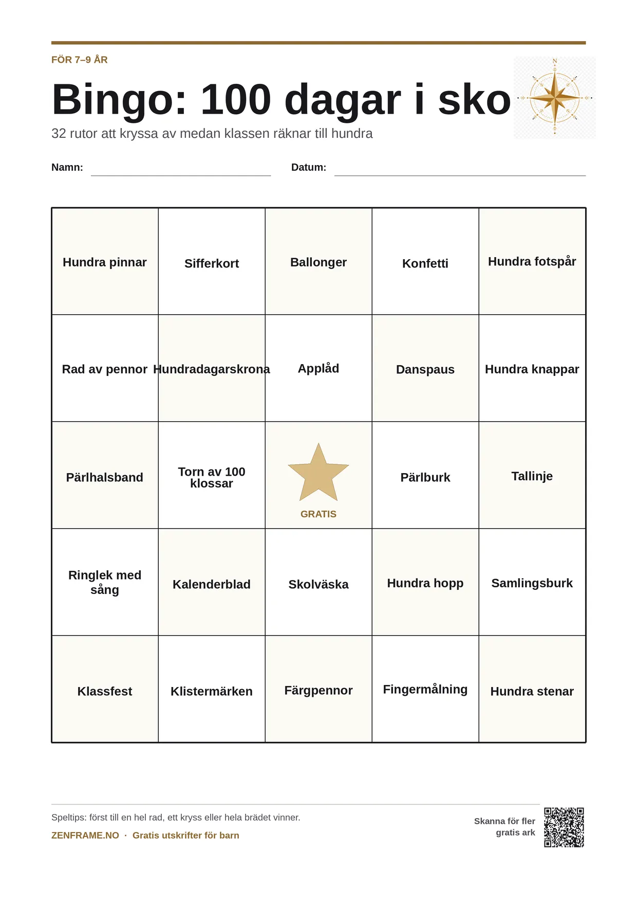 Bingo: 100 dagar i skolan för barn 7–9 år – gratis utskrivbart A4-bräde