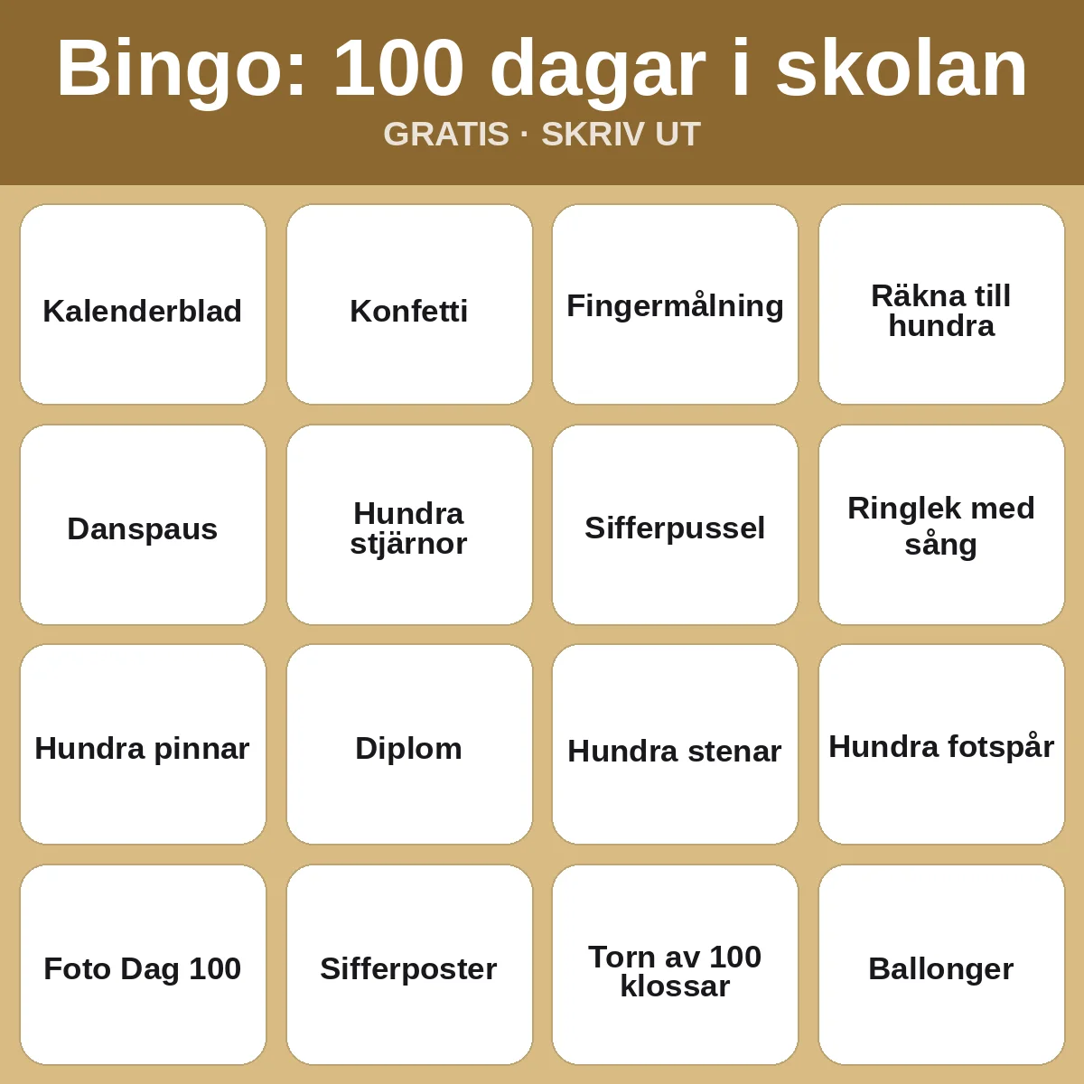 Bingo: 100 dagar i skolan – gratis bingo att skriva ut för barn