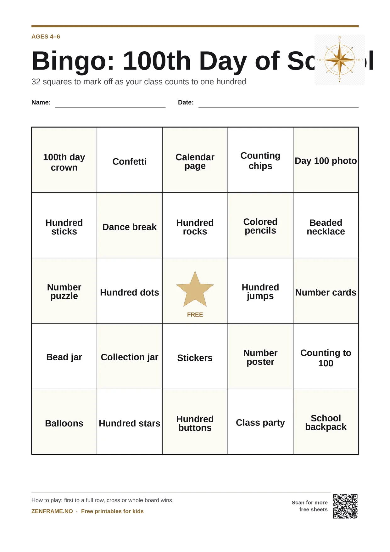 Bingo: 100th Day of School for kids ages 4–6 – free printable A4 board