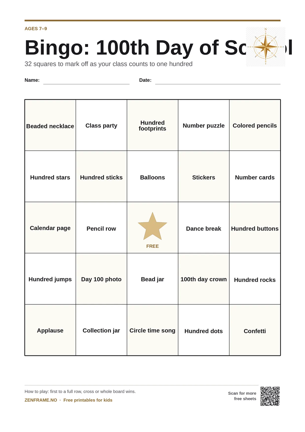 Bingo: 100th Day of School for kids ages 7–9 – free printable A4 board
