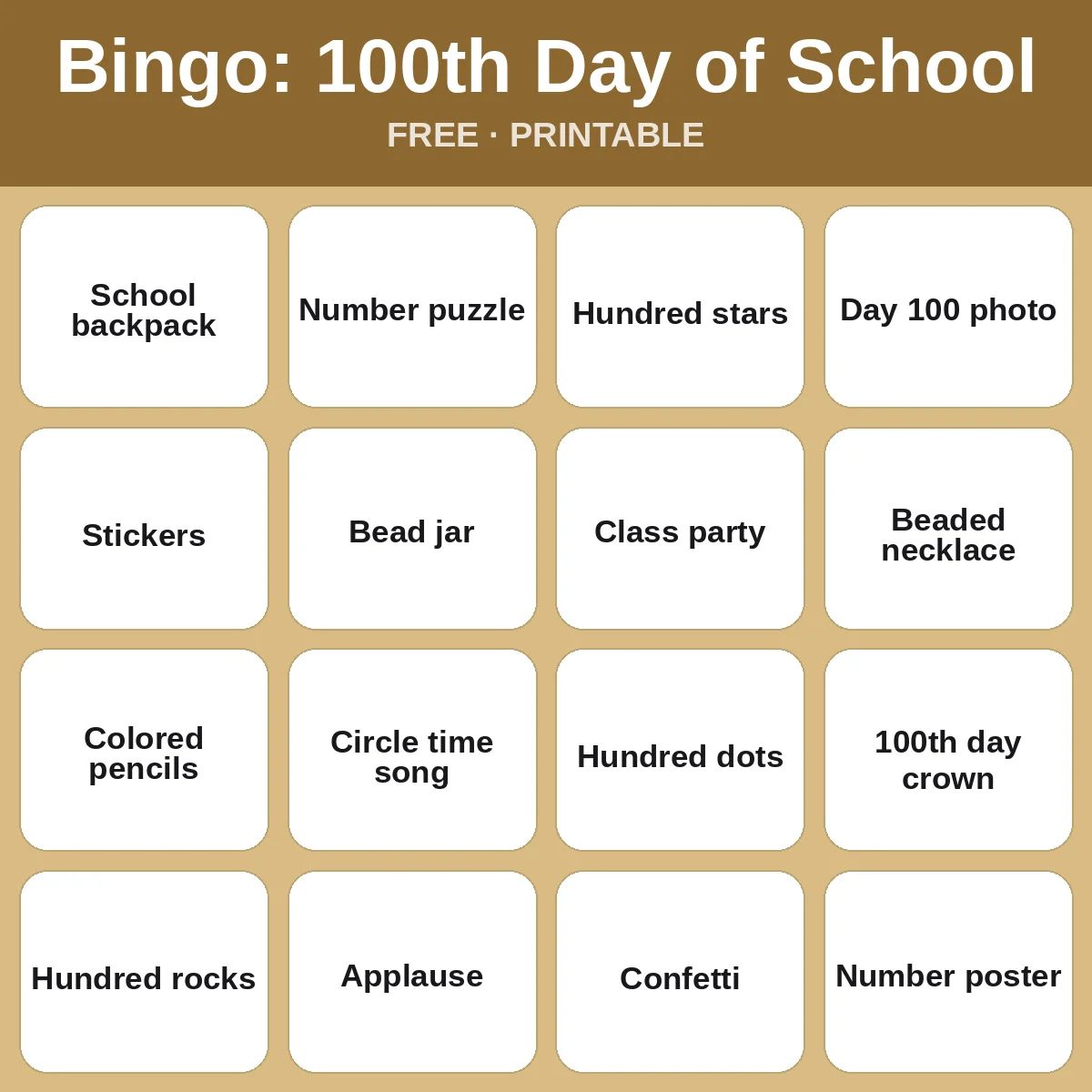 Bingo: 100th Day of School – free printable bingo for kids