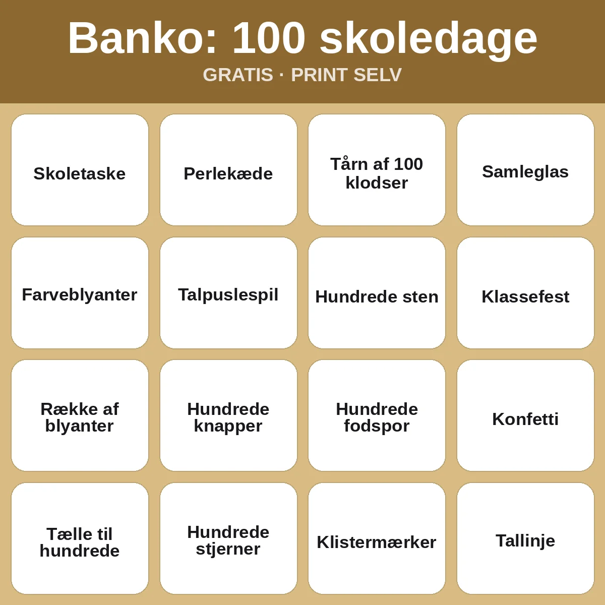Banko: 100 skoledage – gratis bingo til print for børn
