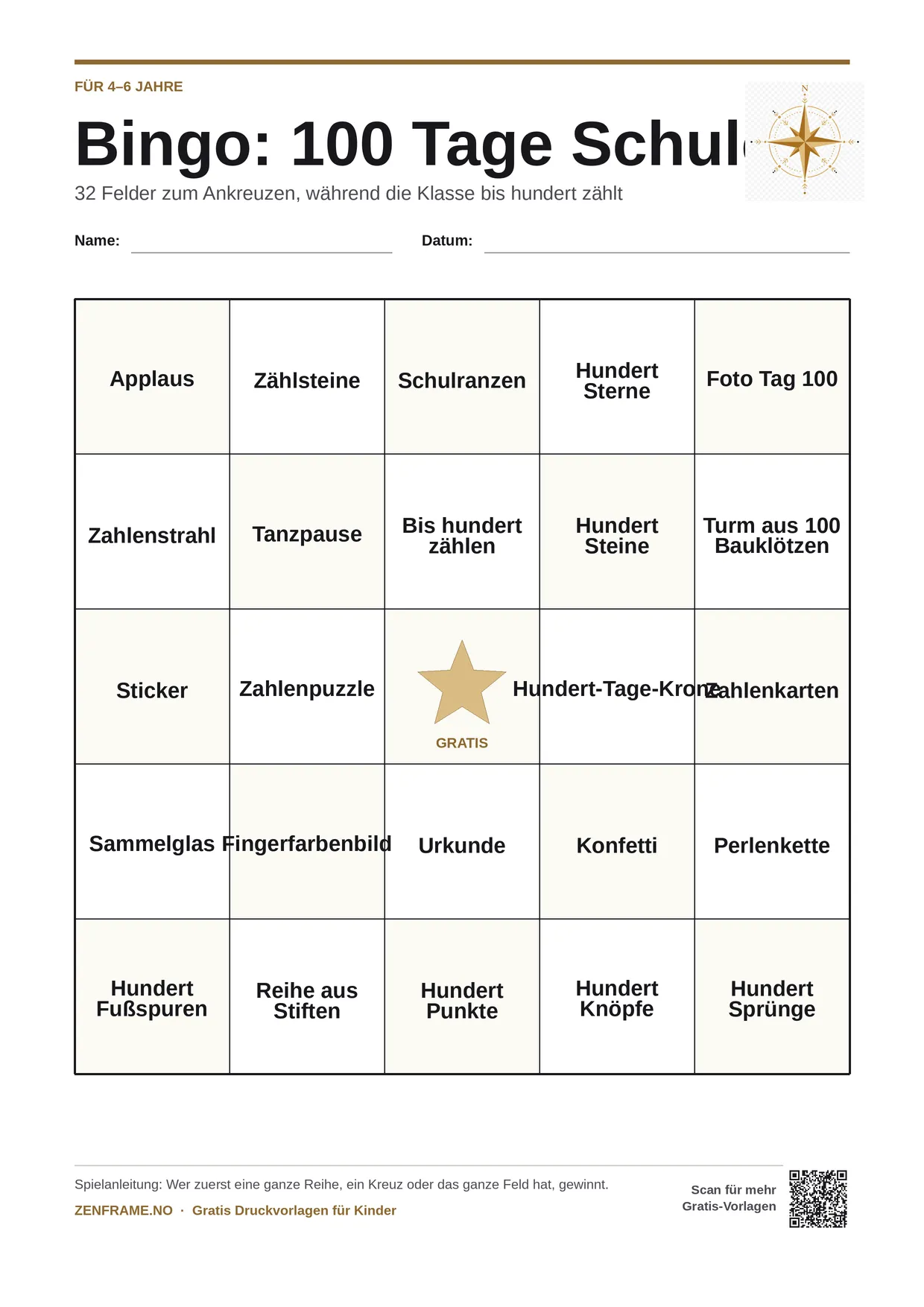 Bingo: 100 Tage Schule für Kinder 4–6 Jahre – kostenlose A4-Vorlage zum Ausdrucken