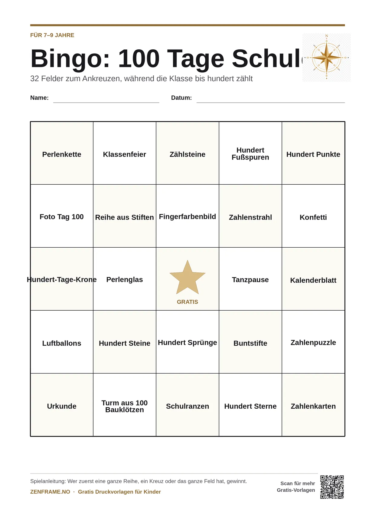 Bingo: 100 Tage Schule für Kinder 7–9 Jahre – kostenlose A4-Vorlage zum Ausdrucken