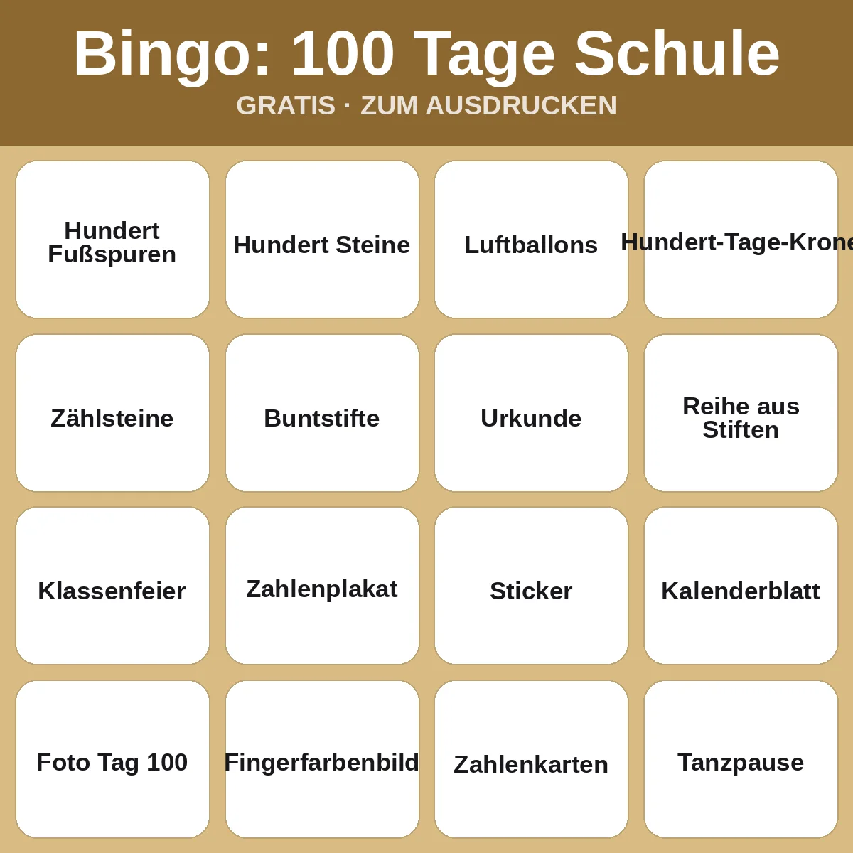 Bingo: 100 Tage Schule – kostenloses Bingo zum Ausdrucken für Kinder