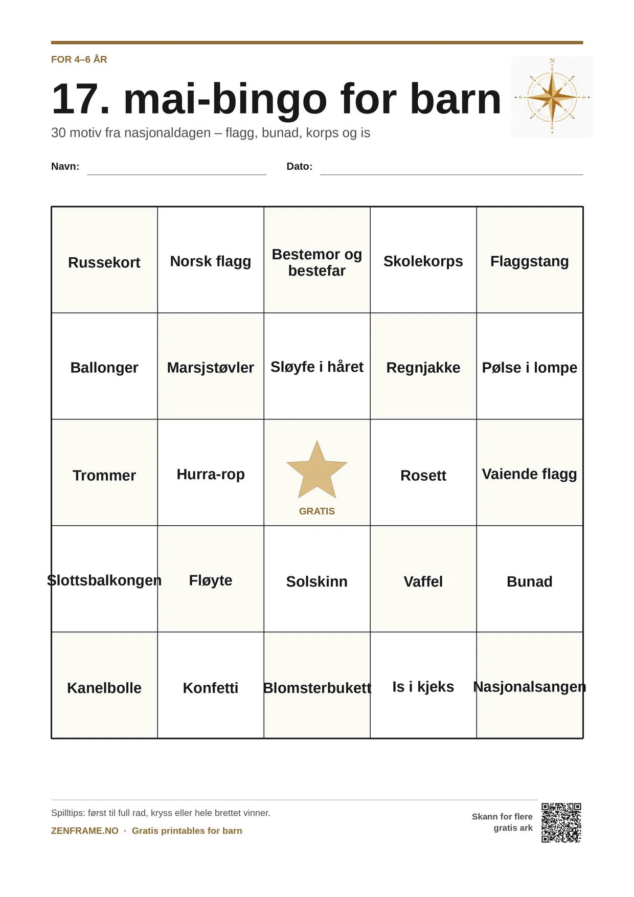17. mai-bingo for barn 4–6 år – gratis utskrivbart A4-brett