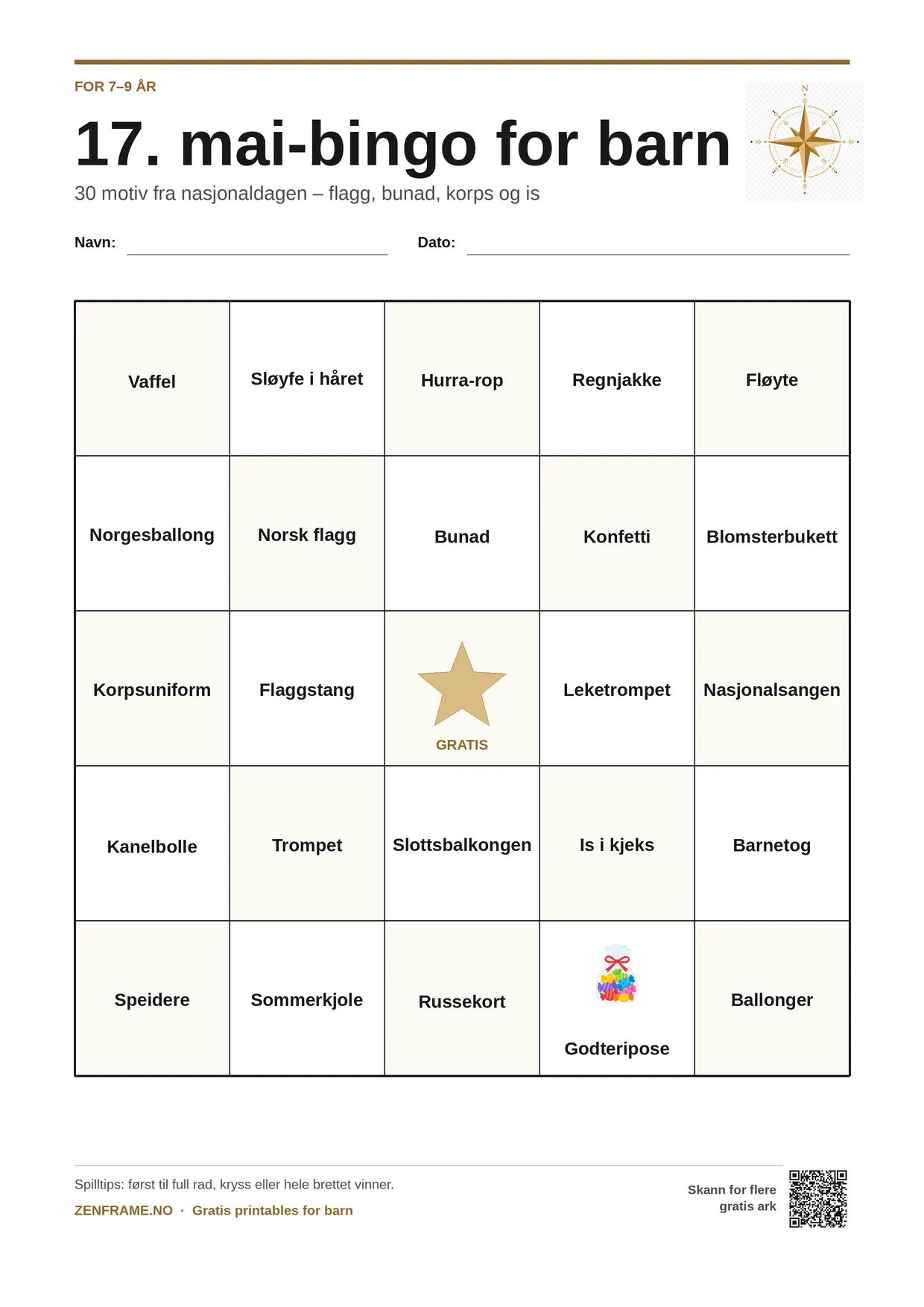 17. mai-bingo for barn 7–9 år – gratis utskrivbart A4-brett