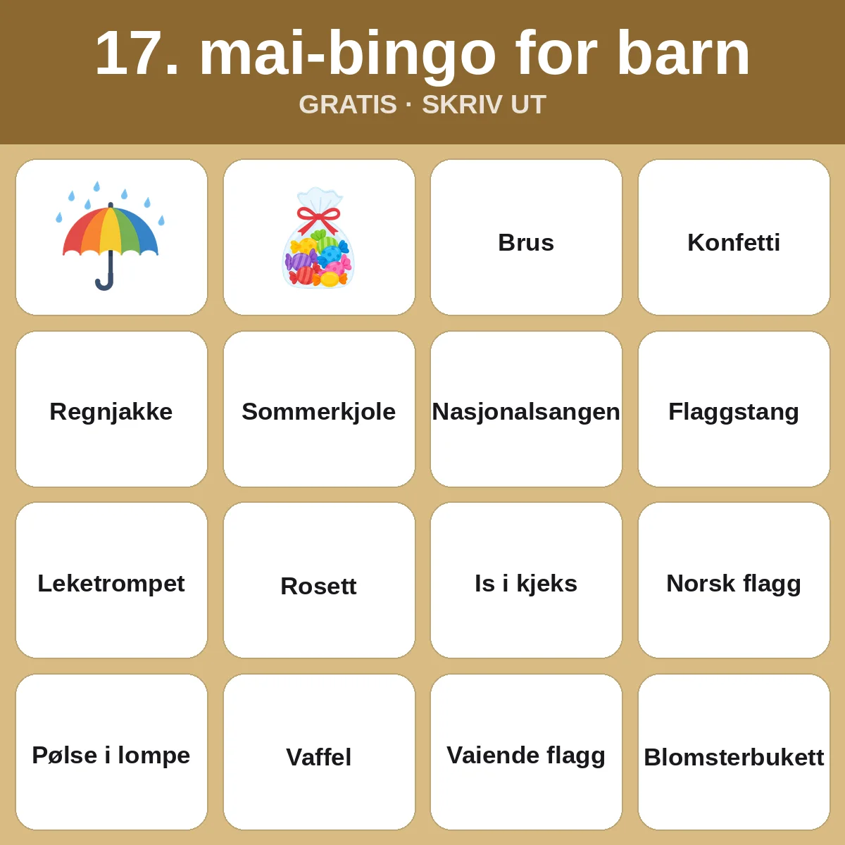 17. mai-bingo for barn – gratis bingo til utskrift for barn