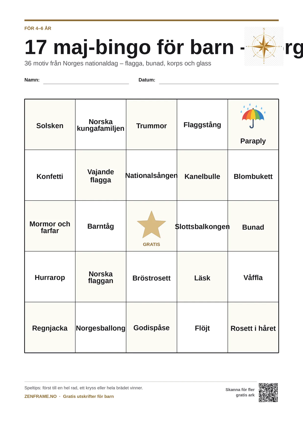 17 maj-bingo för barn – Norges nationaldag för barn 4–6 år – gratis utskrivbart A4-bräde