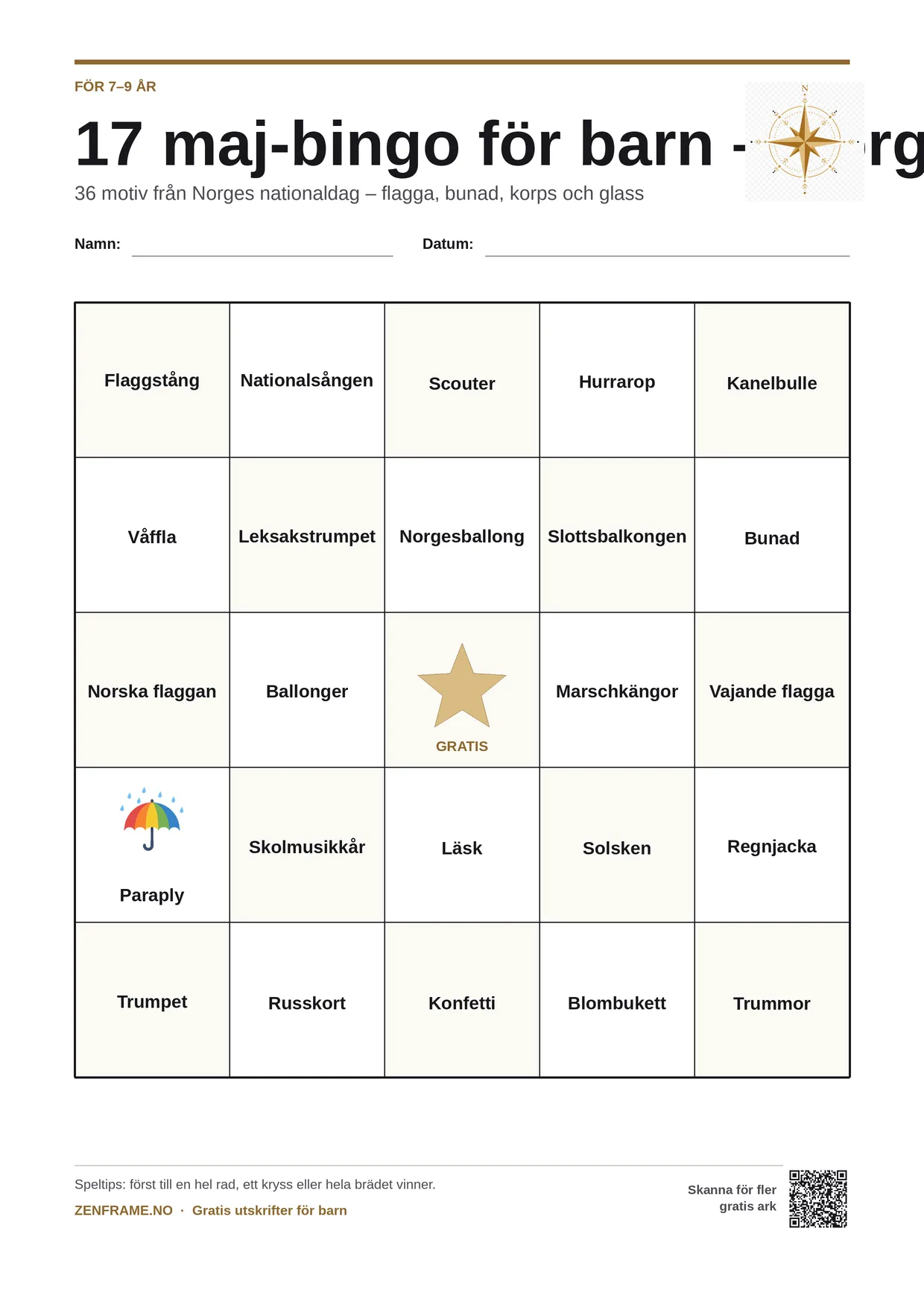 17 maj-bingo för barn – Norges nationaldag för barn 7–9 år – gratis utskrivbart A4-bräde