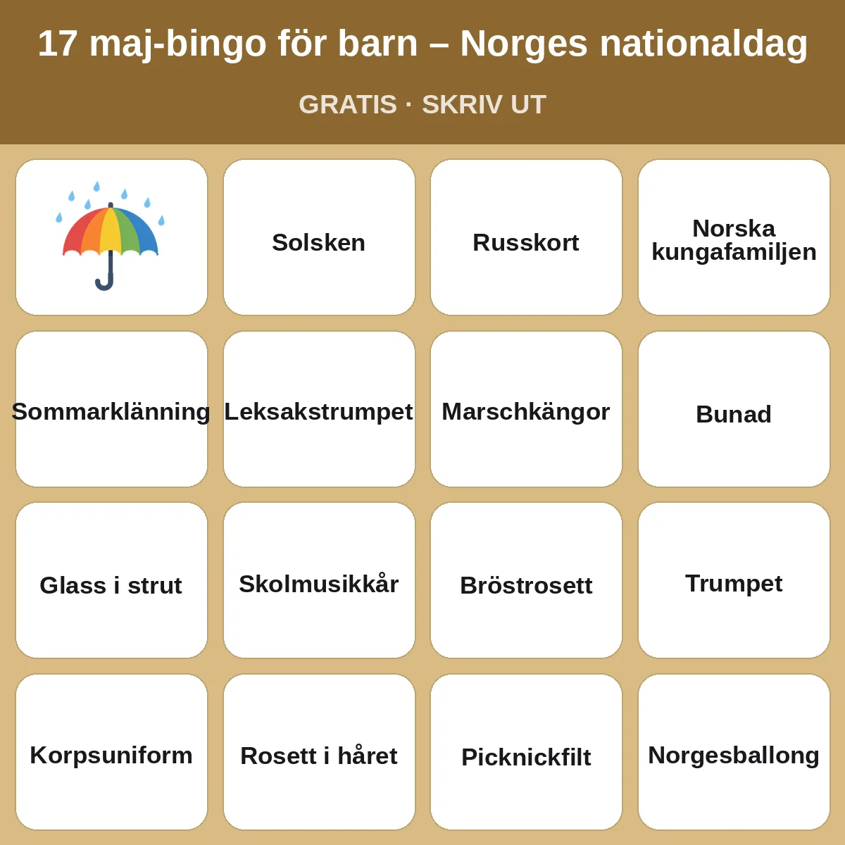 17 maj-bingo för barn – Norges nationaldag – gratis bingo att skriva ut för barn