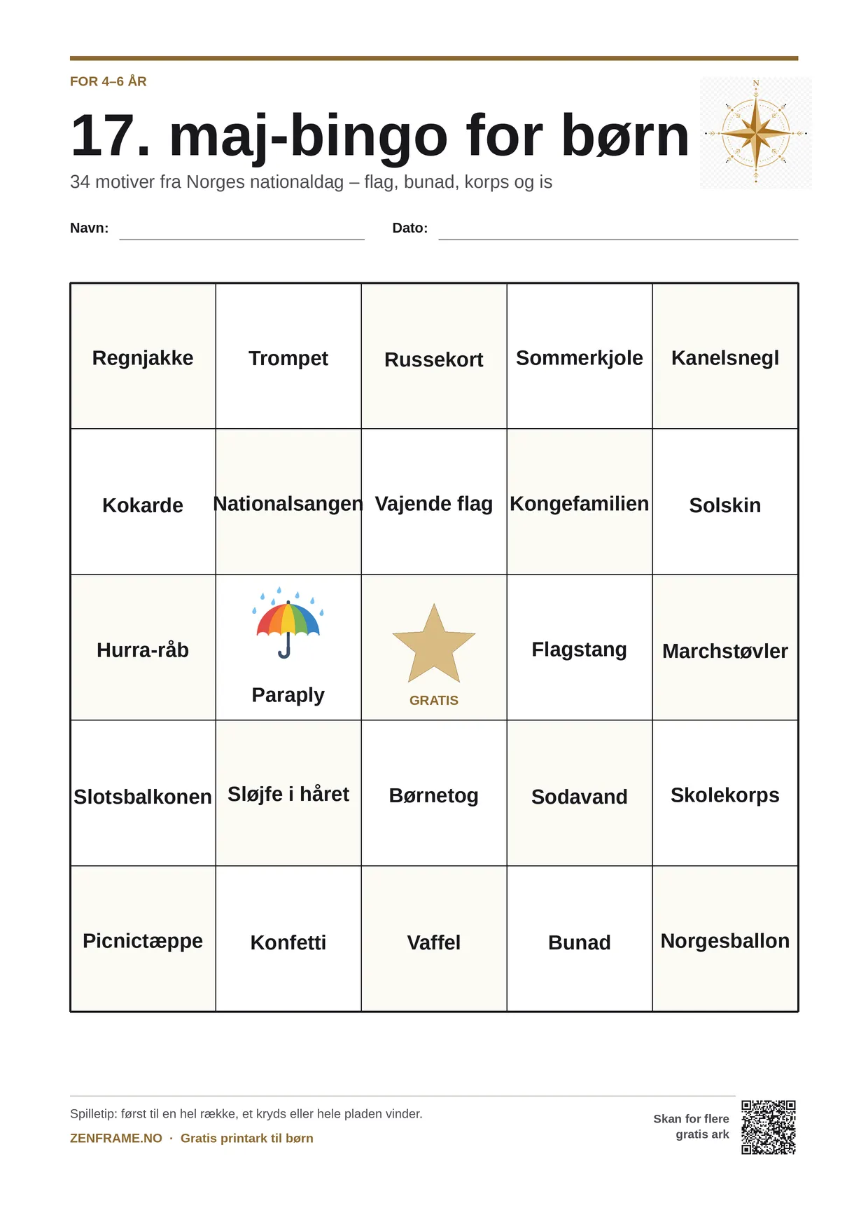 17. maj-bingo for børn 4–6 år – gratis printbar A4-plade