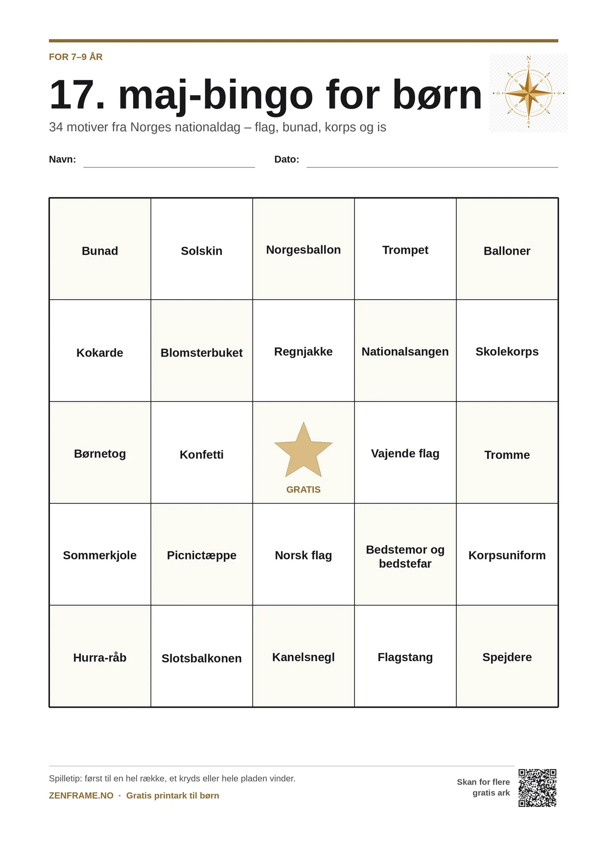 17. maj-bingo for børn 7–9 år – gratis printbar A4-plade