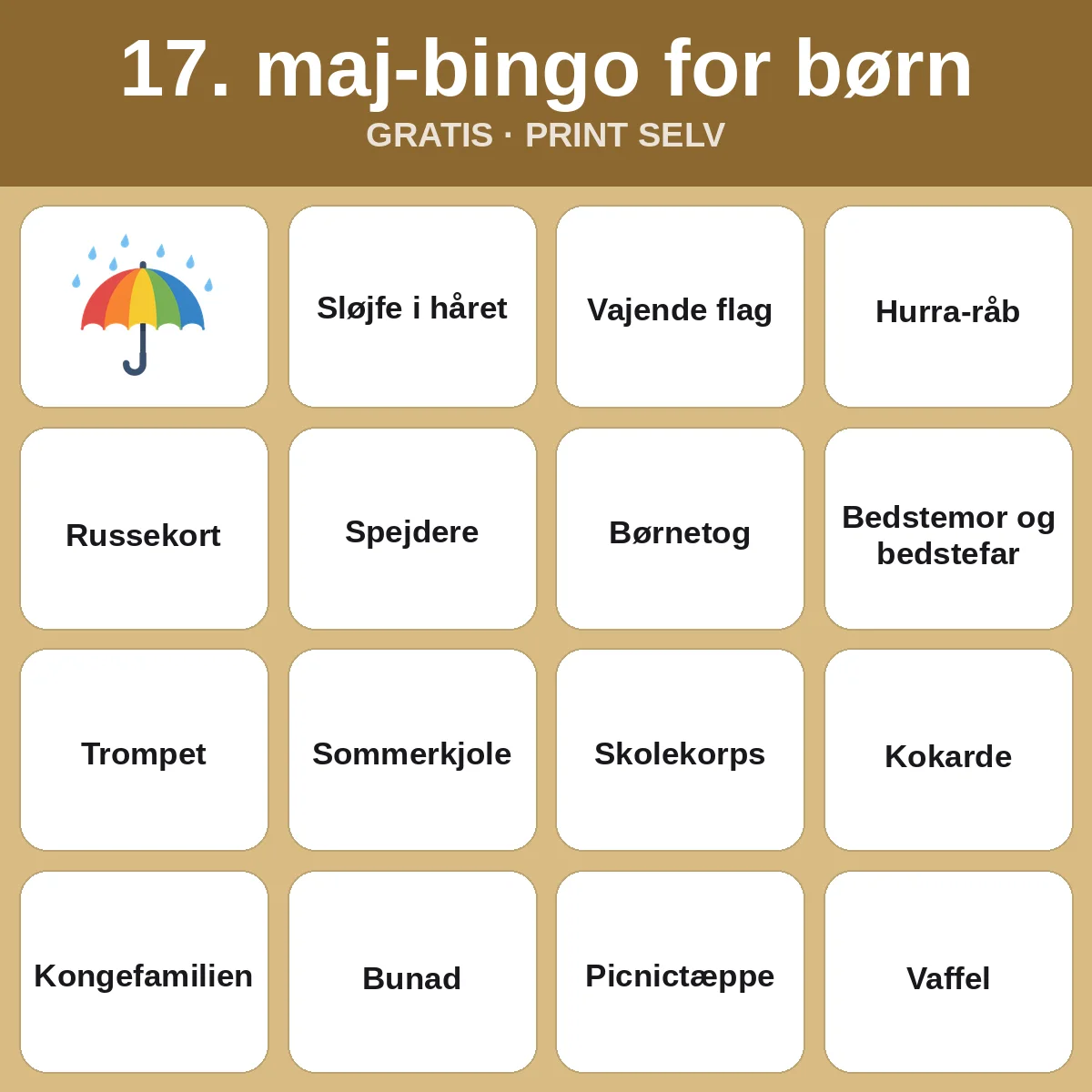 17. maj-bingo for børn – gratis bingo til print for børn