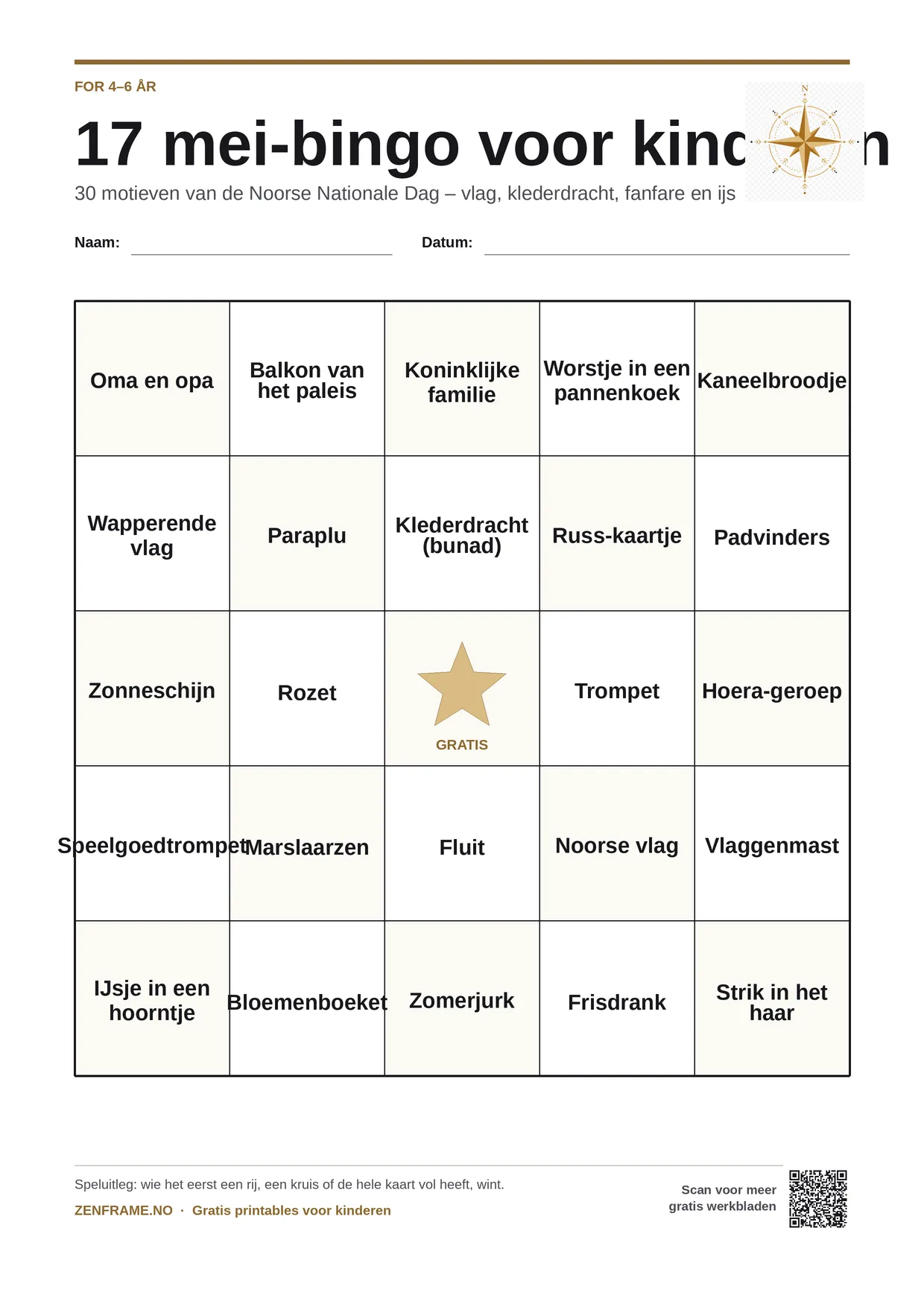 17 mei-bingo voor kinderen 4–6 jaar – gratis printbare A4-kaart