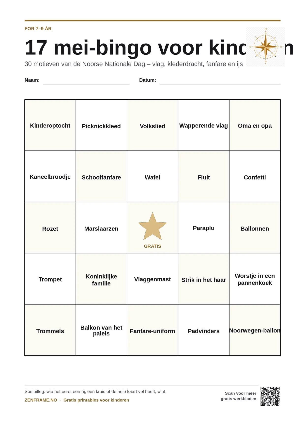 17 mei-bingo voor kinderen 7–9 jaar – gratis printbare A4-kaart