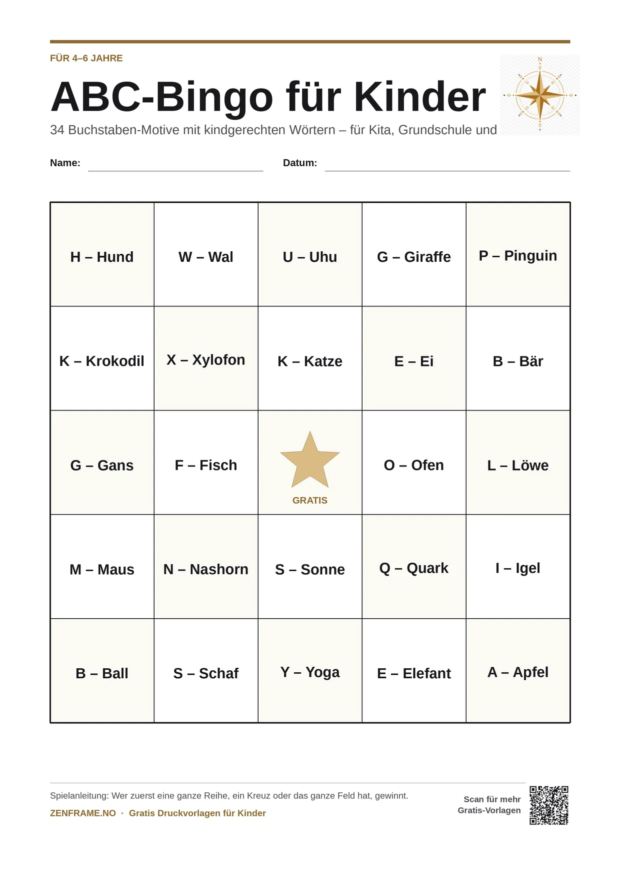 ABC-Bingo für Kinder 4–6 Jahre – kostenlose A4-Vorlage zum Ausdrucken