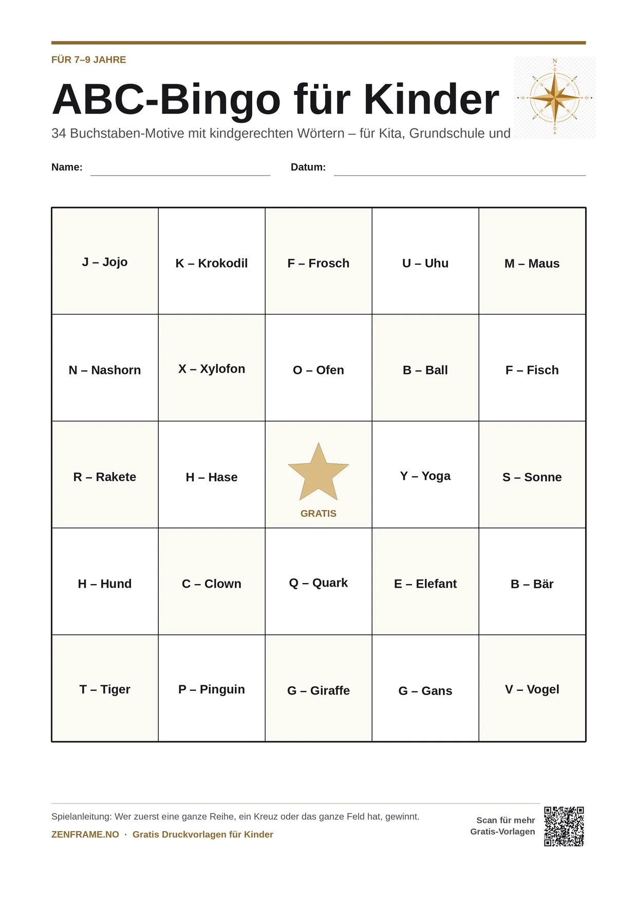 ABC-Bingo für Kinder 7–9 Jahre – kostenlose A4-Vorlage zum Ausdrucken
