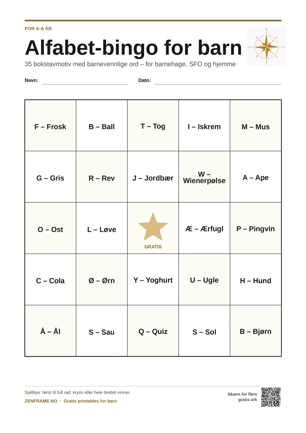 Alfabet-bingo for barn 4–6 år – gratis utskrivbart A4-brett