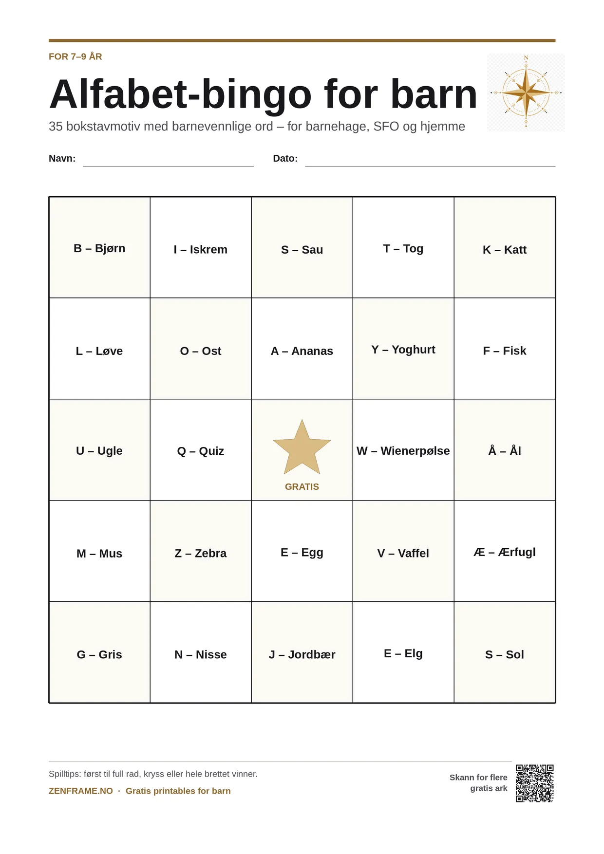 Alfabet-bingo for barn 7–9 år – gratis utskrivbart A4-brett