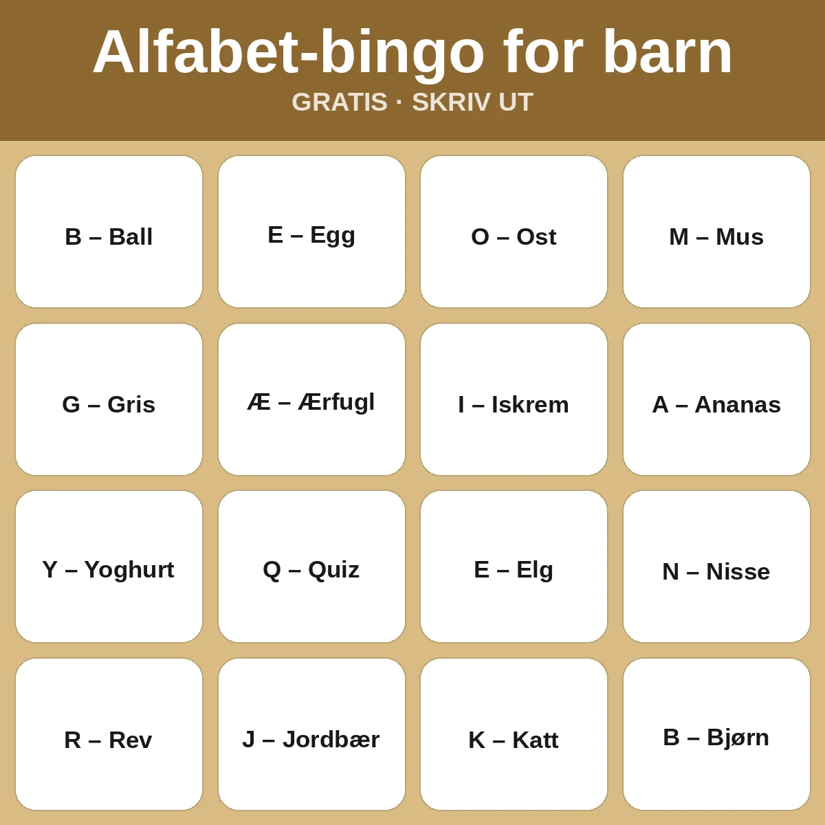 Alfabet-bingo for barn – gratis bingo til utskrift for barn