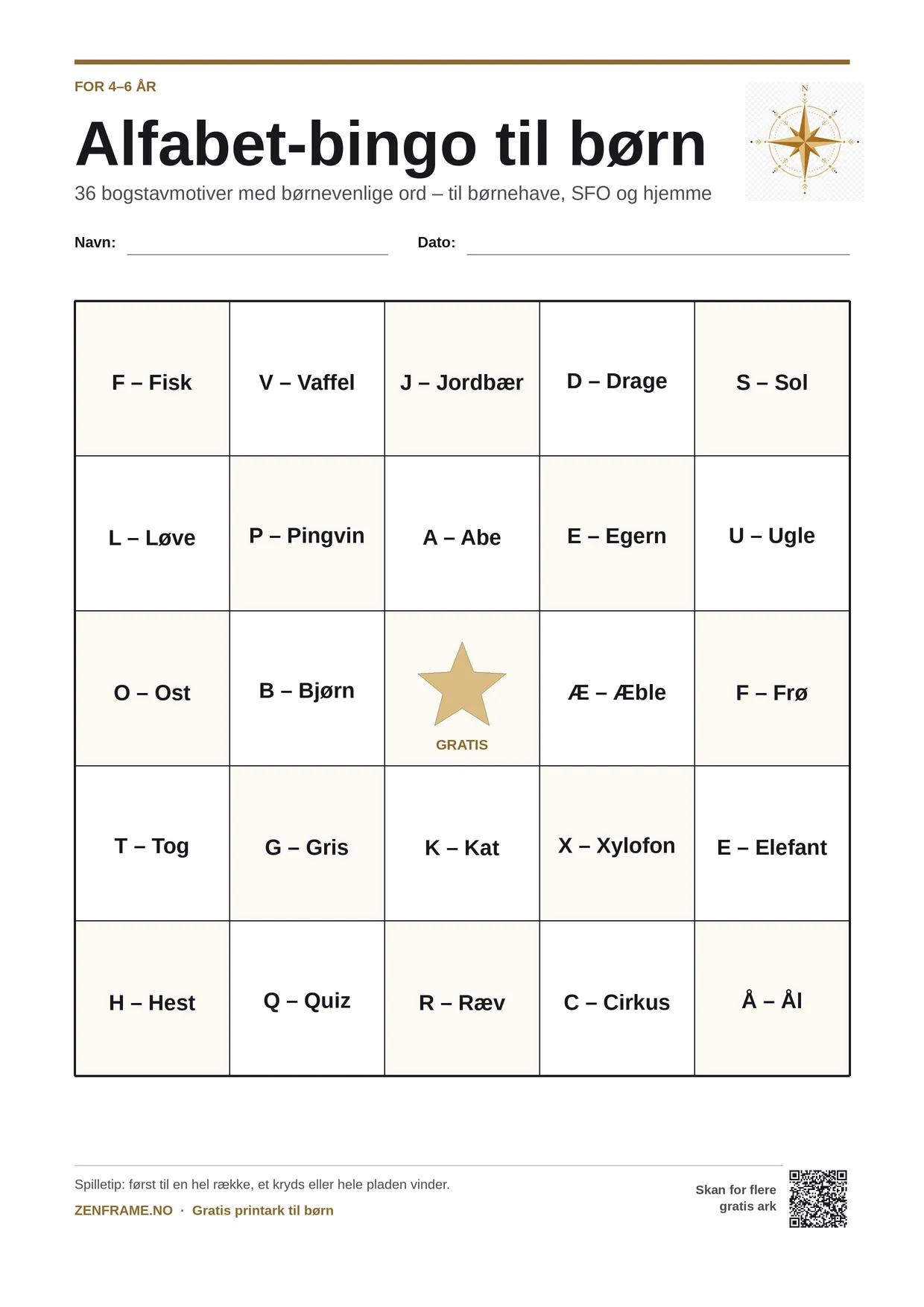 Alfabet-bingo for børn 4–6 år – gratis printbar A4-plade