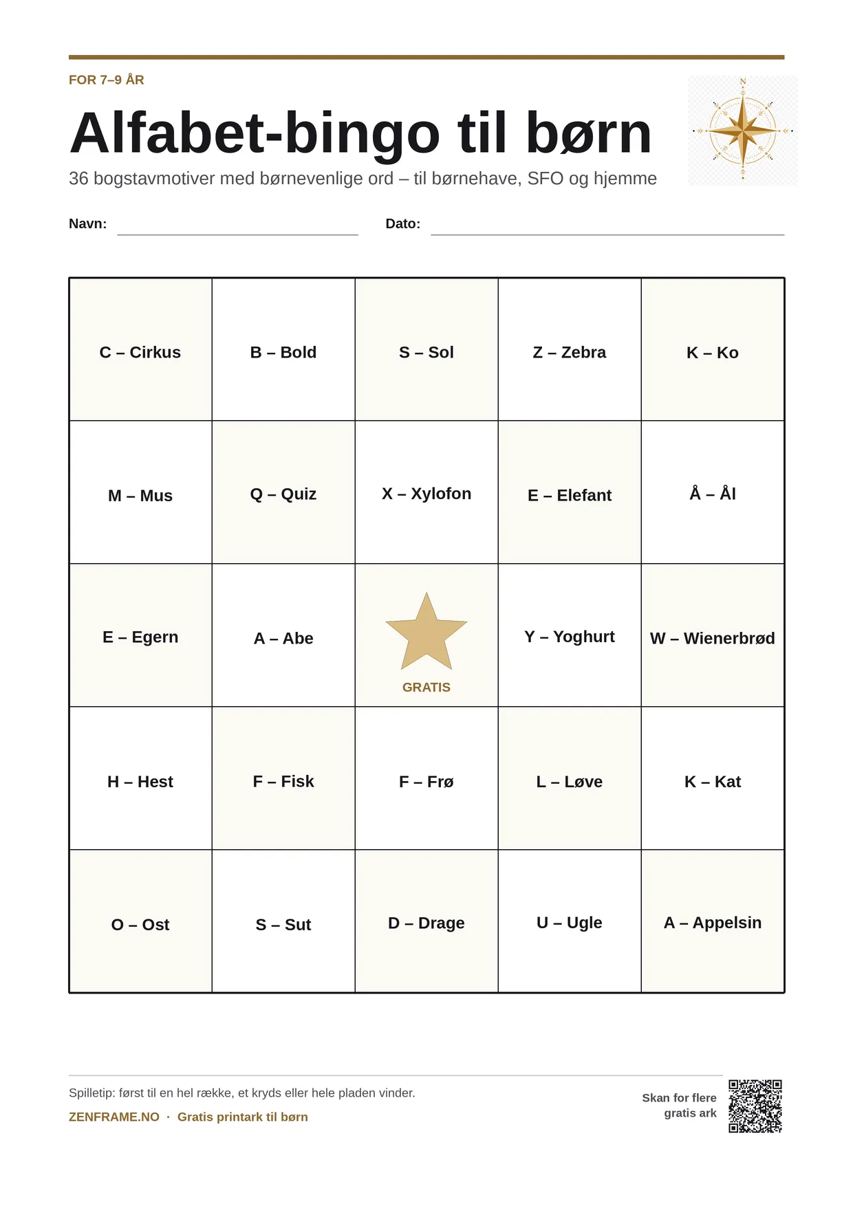 Alfabet-bingo for børn 7–9 år – gratis printbar A4-plade