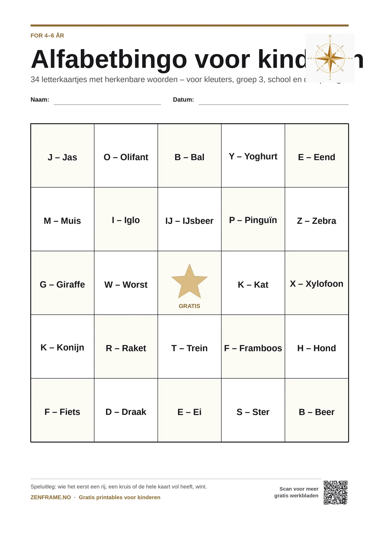 Alfabetbingo voor kinderen 4–6 jaar – gratis printbare A4-kaart