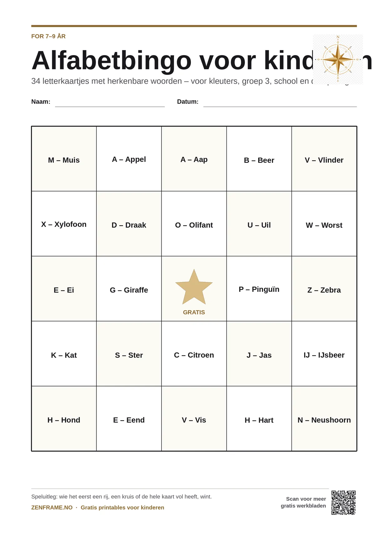 Alfabetbingo voor kinderen 7–9 jaar – gratis printbare A4-kaart