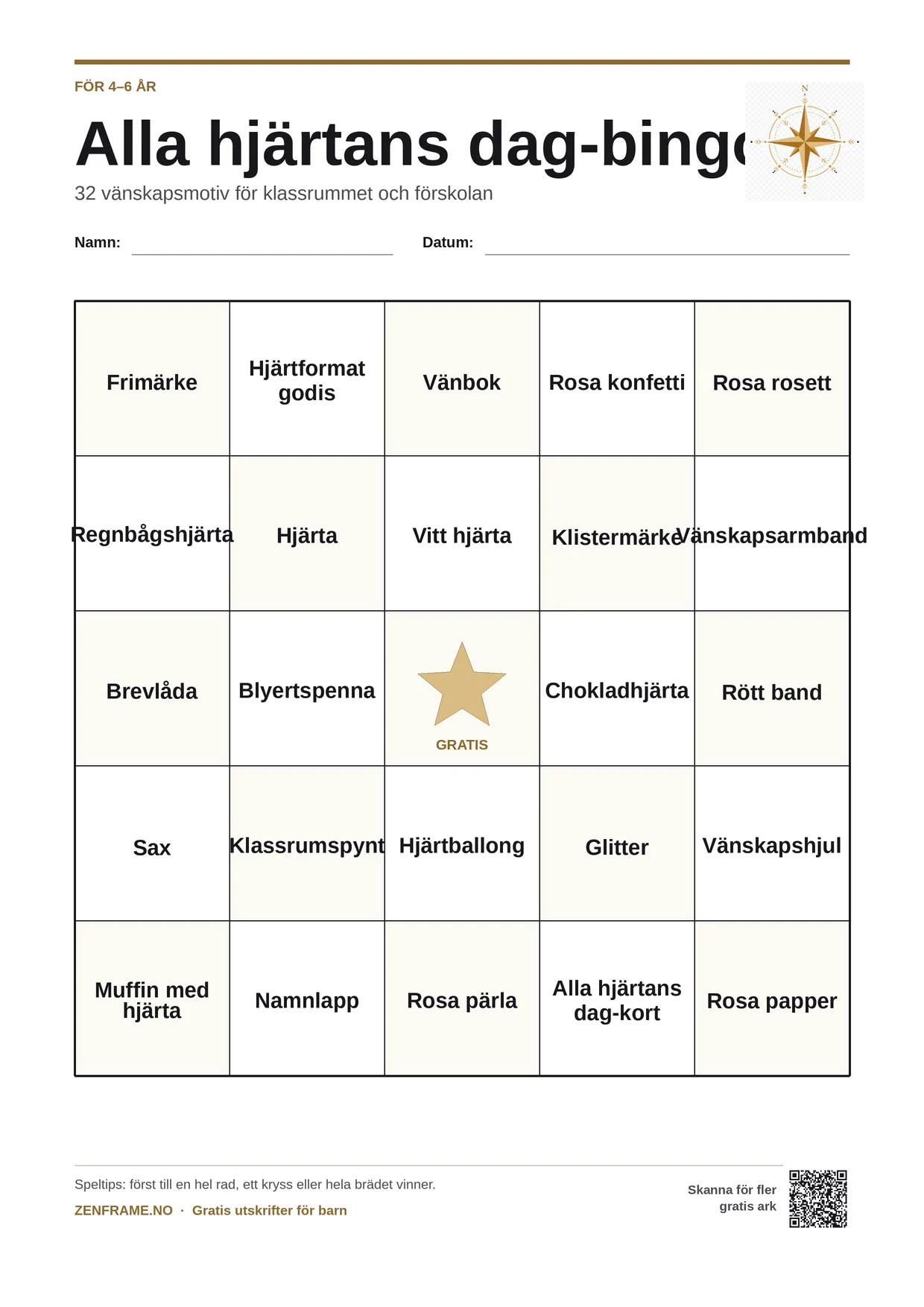 Alla hjärtans dag-bingo för barn 4–6 år – gratis utskrivbart A4-bräde