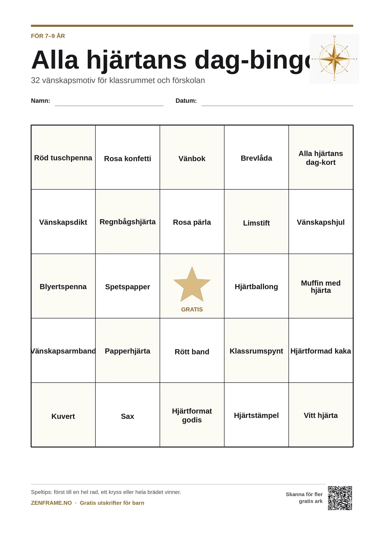 Alla hjärtans dag-bingo för barn 7–9 år – gratis utskrivbart A4-bräde