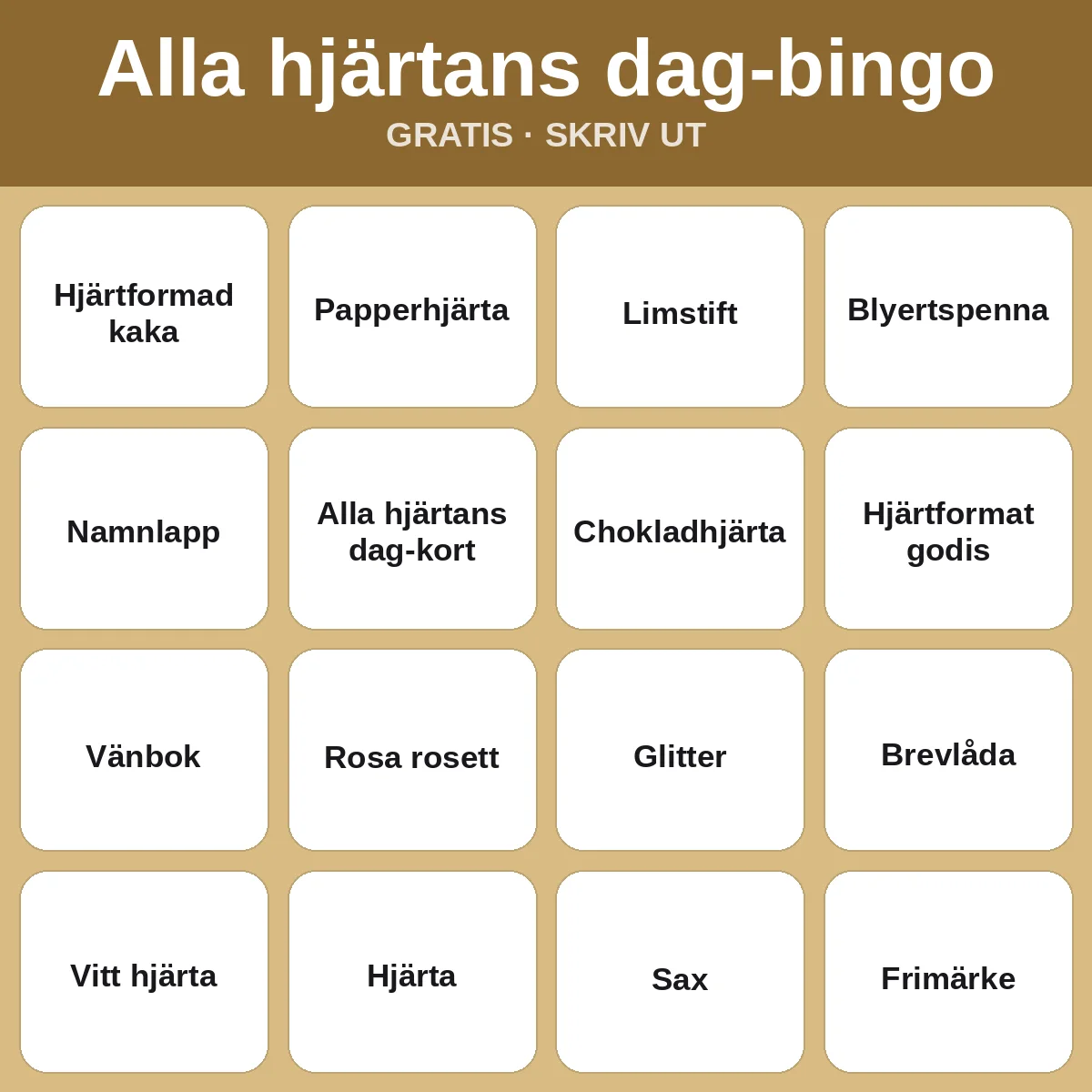 Alla hjärtans dag-bingo – gratis bingo att skriva ut för barn