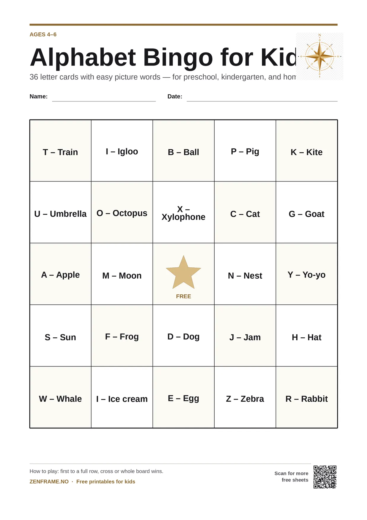 Alphabet Bingo for kids ages 4–6 – free printable A4 board