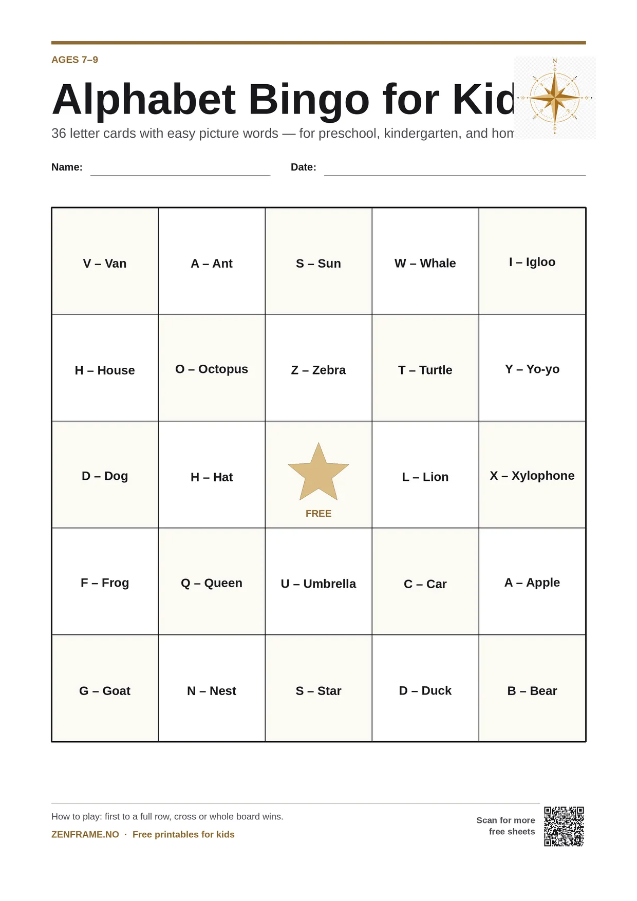 Alphabet Bingo for kids ages 7–9 – free printable A4 board