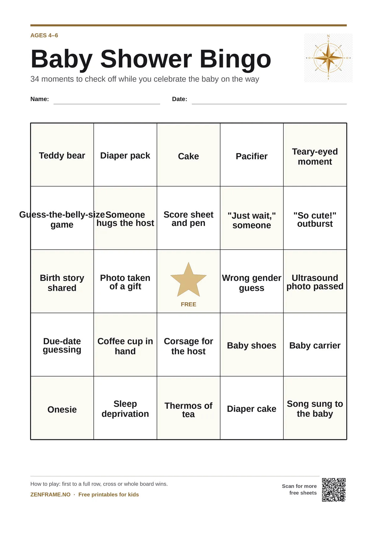 Baby Shower Bingo for kids ages 4–6 – free printable A4 board