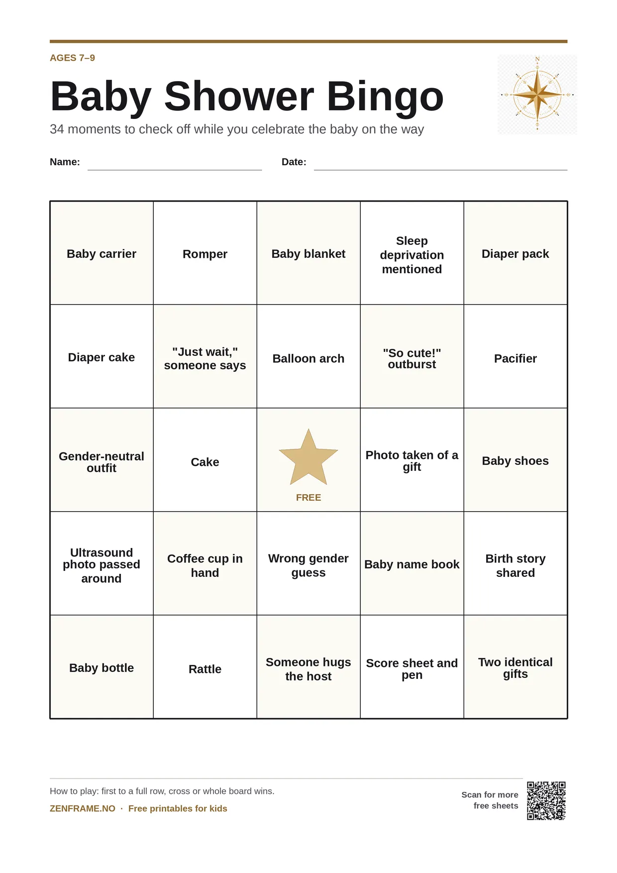 Baby Shower Bingo for kids ages 7–9 – free printable A4 board