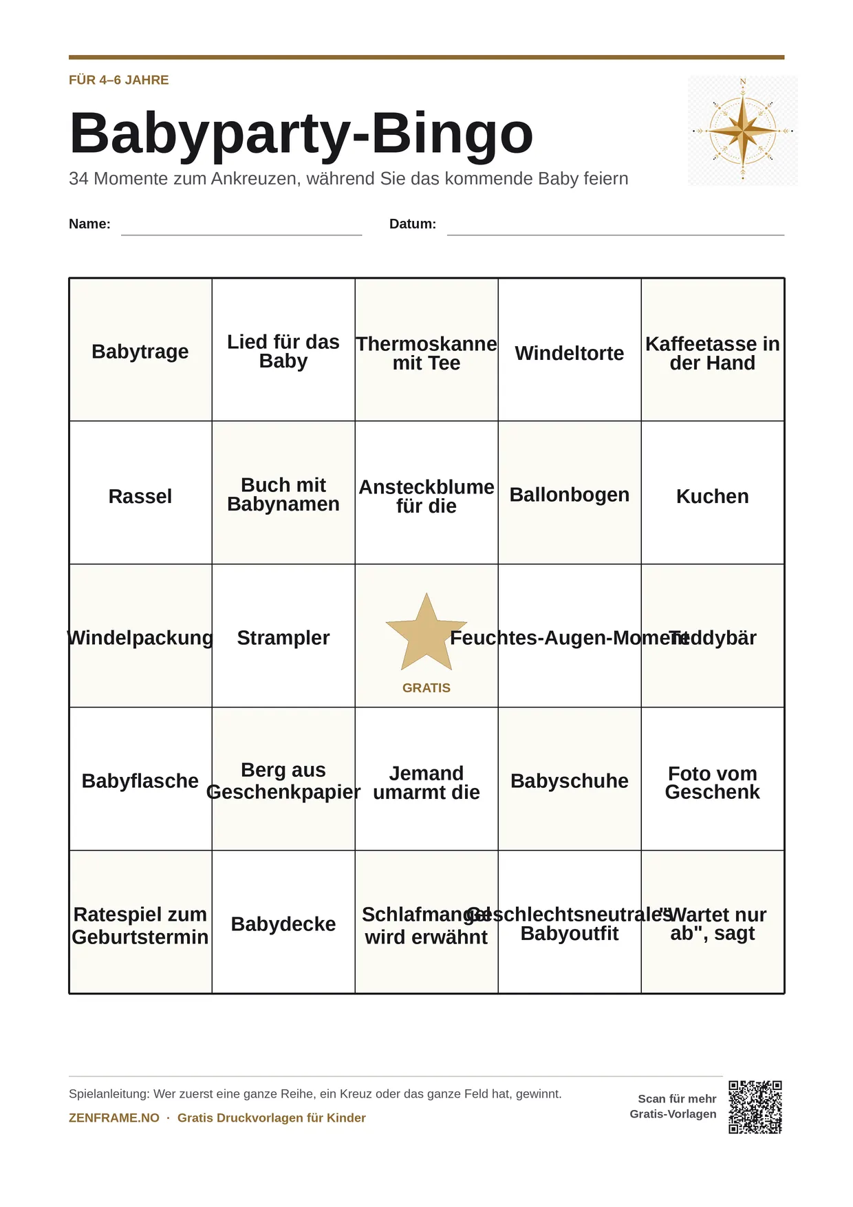 Babyparty-Bingo für Kinder 4–6 Jahre – kostenlose A4-Vorlage zum Ausdrucken