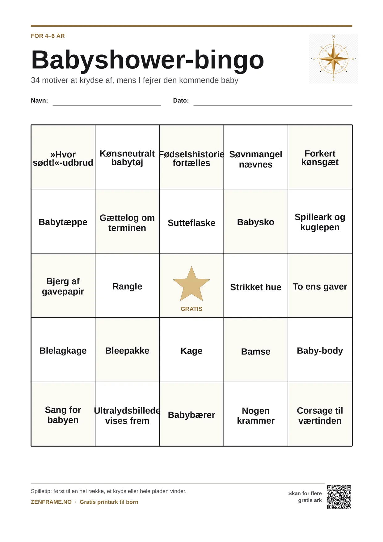 Babyshower-bingo for børn 4–6 år – gratis printbar A4-plade