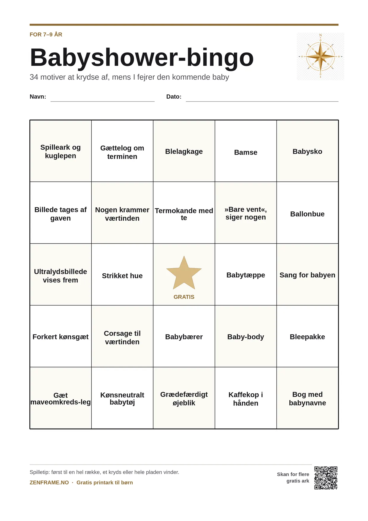 Babyshower-bingo for børn 7–9 år – gratis printbar A4-plade