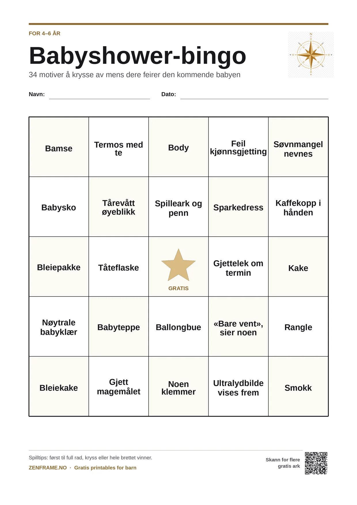 Babyshower-bingo for barn 4–6 år – gratis utskrivbart A4-brett