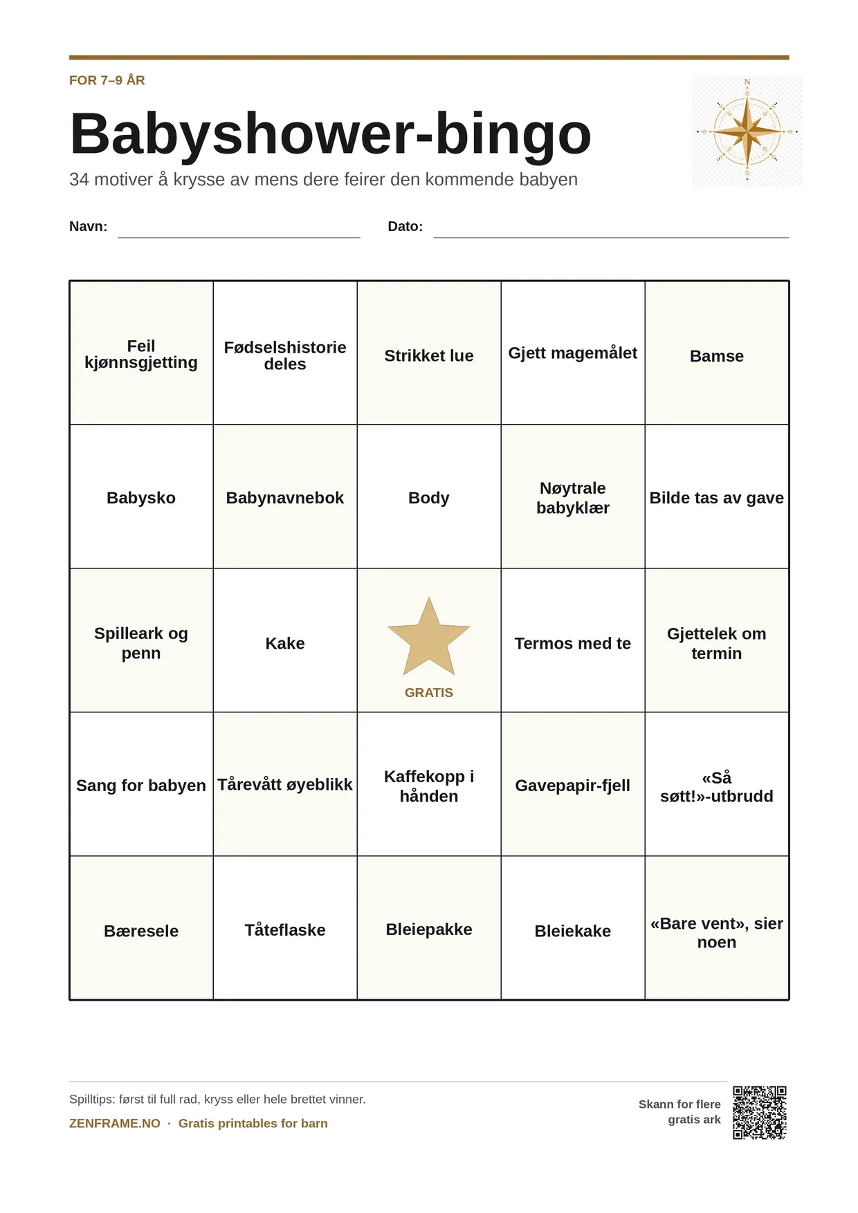 Babyshower-bingo for barn 7–9 år – gratis utskrivbart A4-brett
