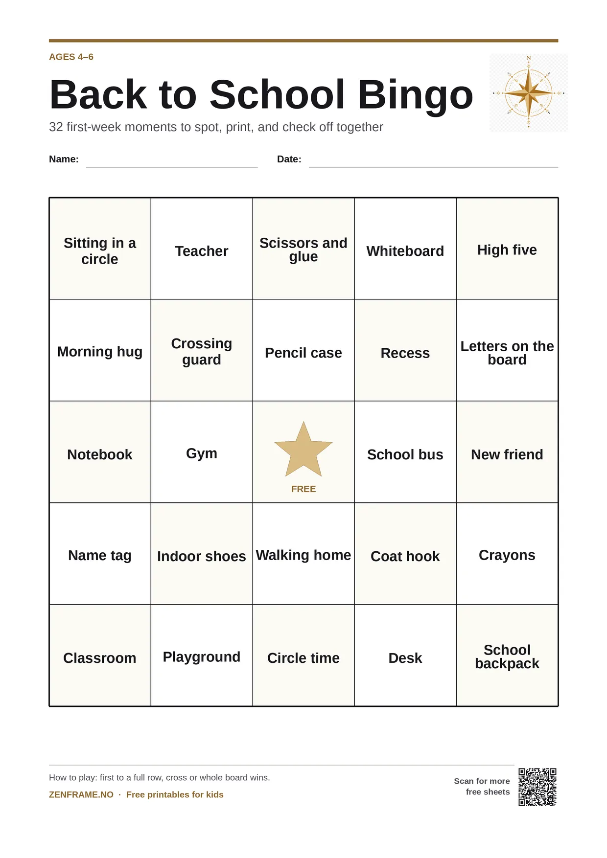Back to School Bingo for kids ages 4–6 – free printable A4 board