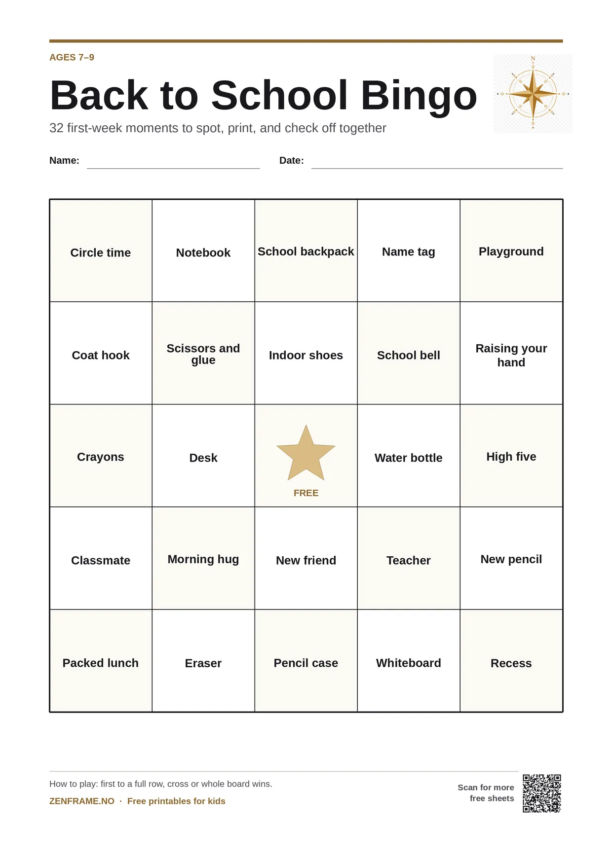 Back to School Bingo for kids ages 7–9 – free printable A4 board