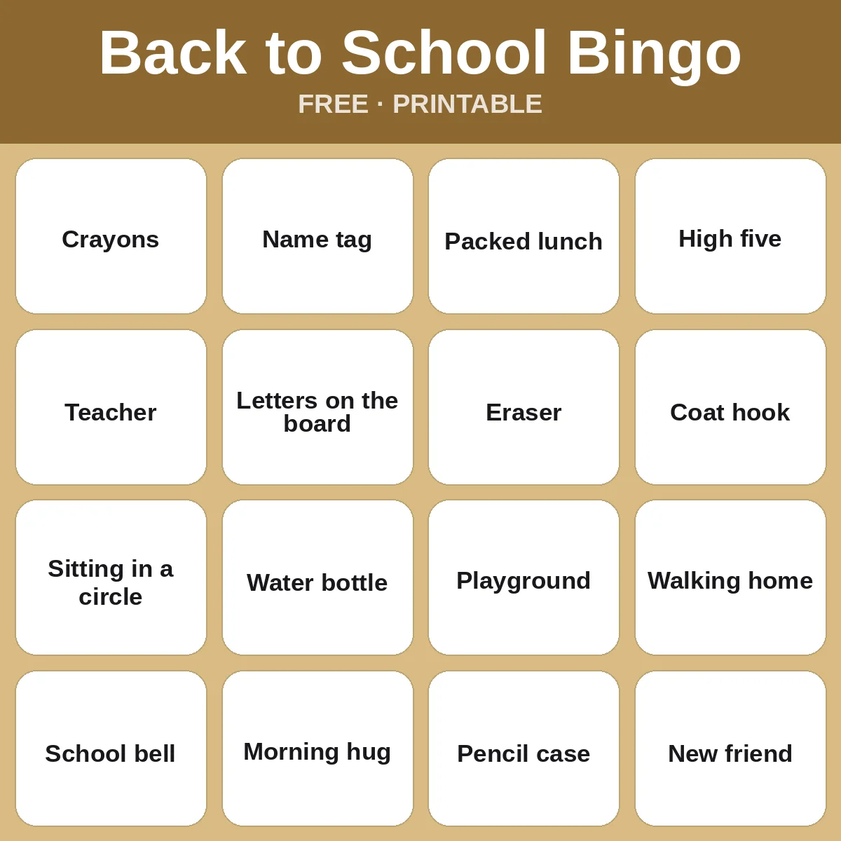 Back to School Bingo – free printable bingo for kids
