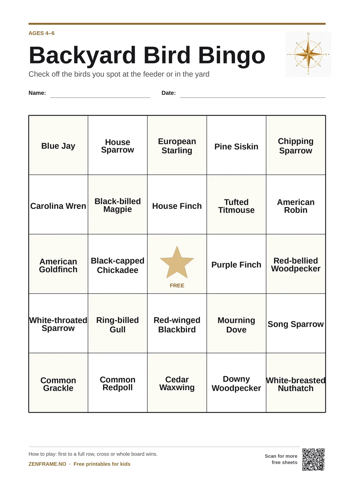 Backyard Bird Bingo for kids ages 4–6 – free printable A4 board