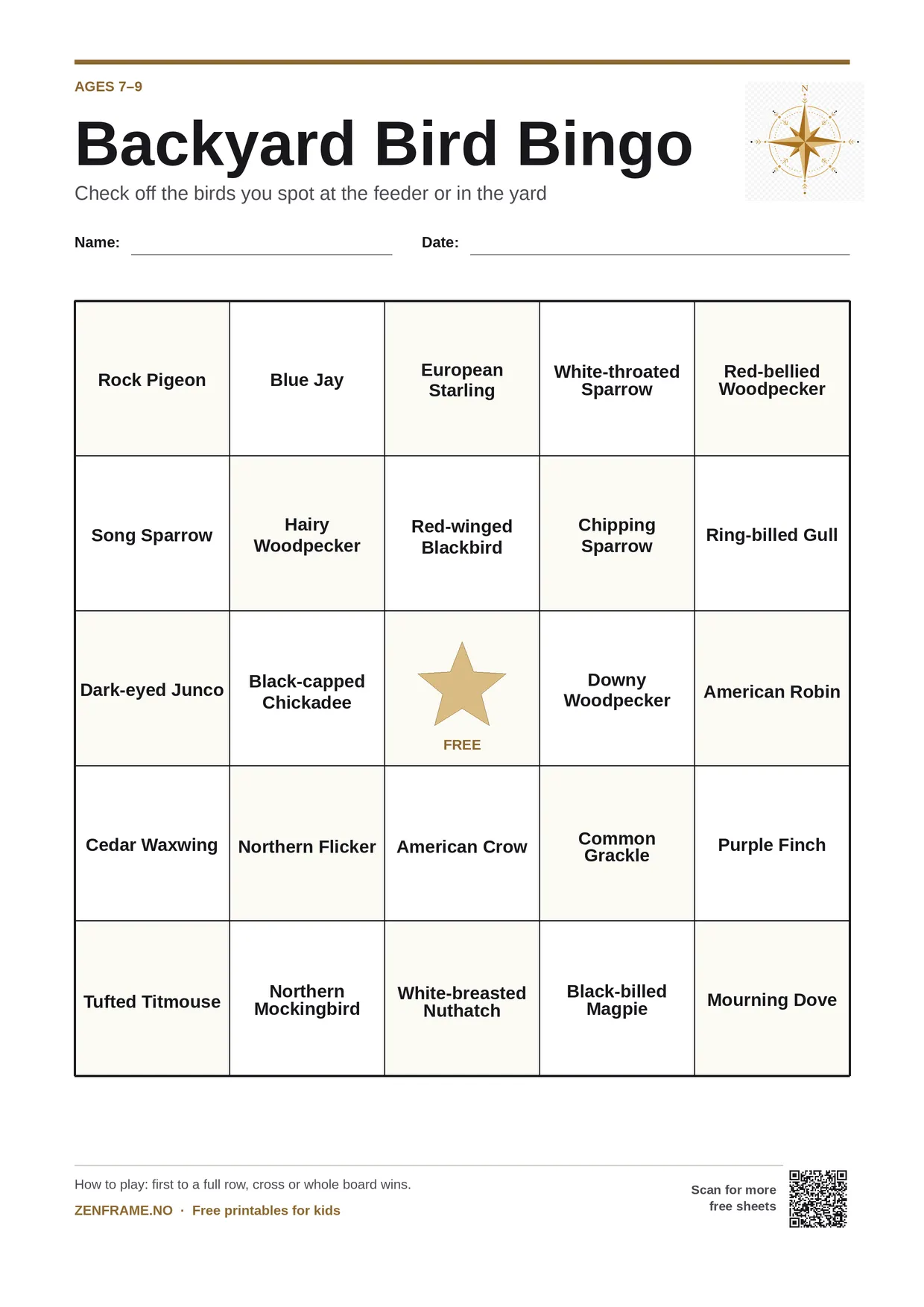 Backyard Bird Bingo for kids ages 7–9 – free printable A4 board