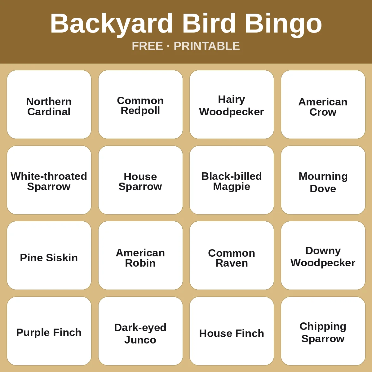 Backyard Bird Bingo – free printable bingo for kids