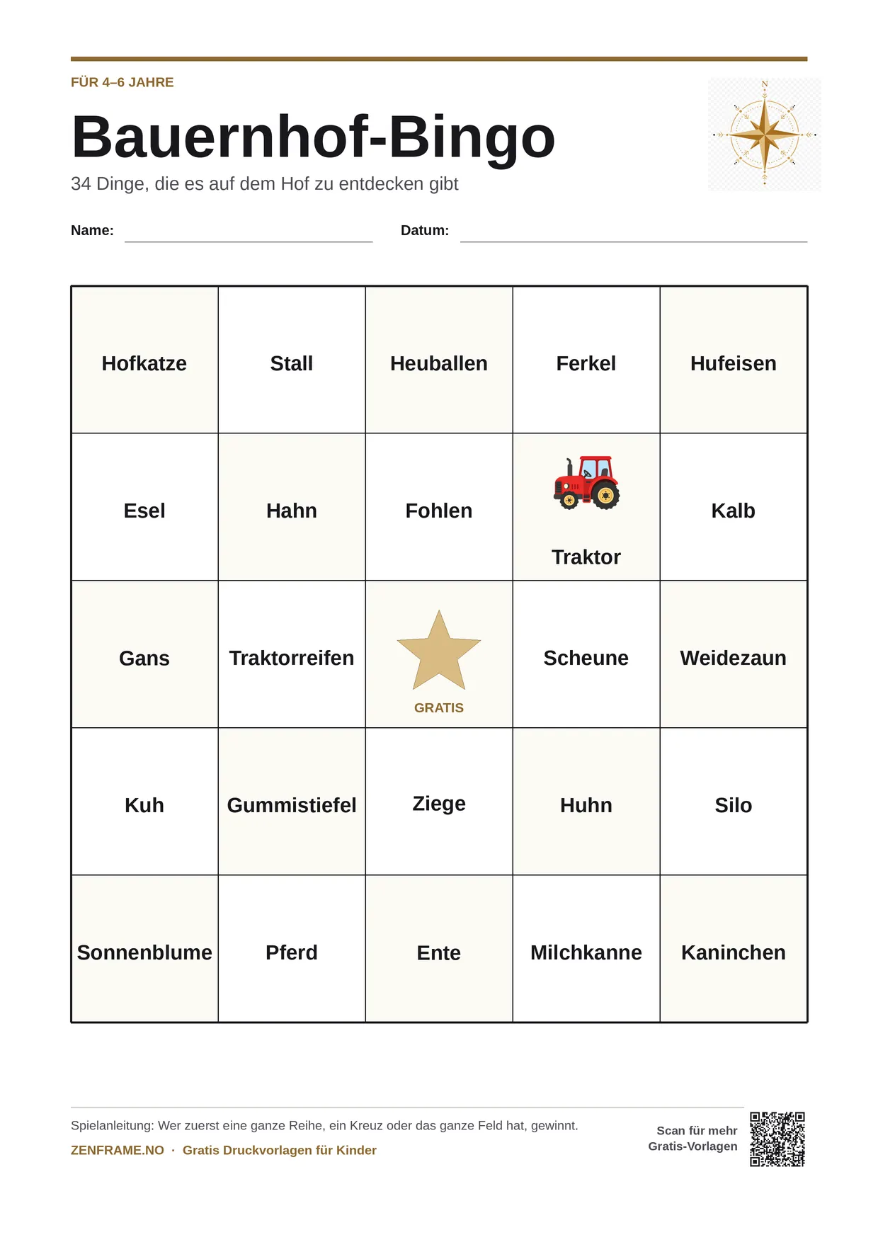 Bauernhof-Bingo für Kinder 4–6 Jahre – kostenlose A4-Vorlage zum Ausdrucken