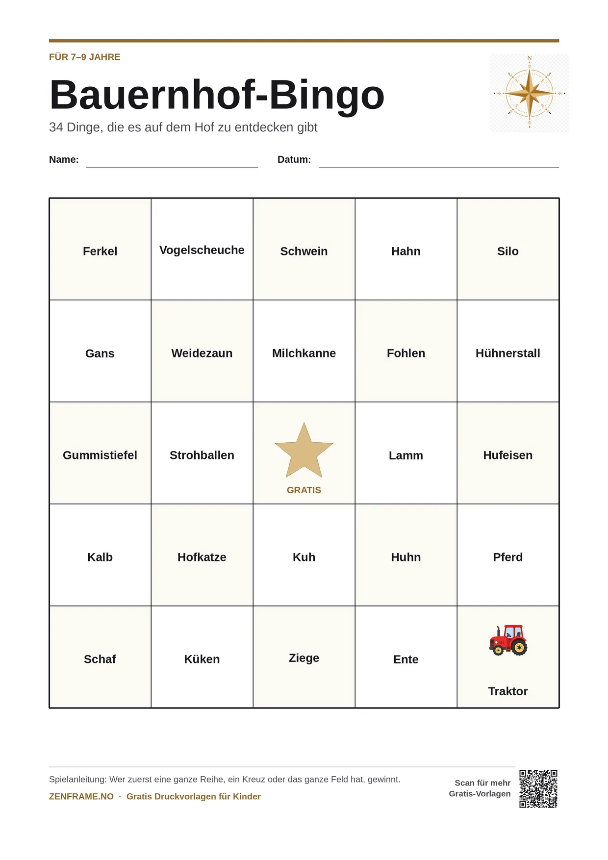 Bauernhof-Bingo für Kinder 7–9 Jahre – kostenlose A4-Vorlage zum Ausdrucken